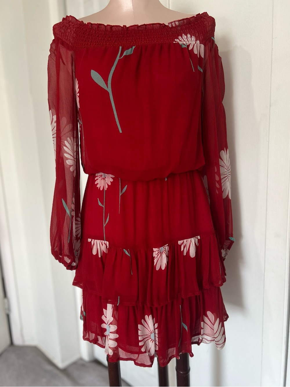 Cynthia Rowley Off-Shoulder Red Floral Tiered Mini Dress size S